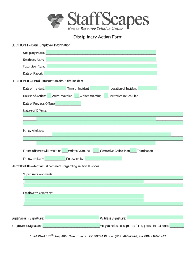 Disciplinary Action Form screenshot