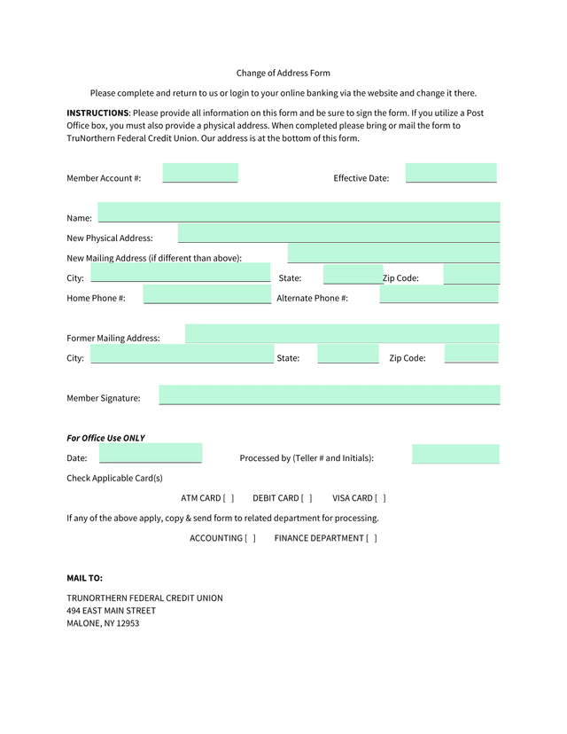 Change Of Address Form screenshot