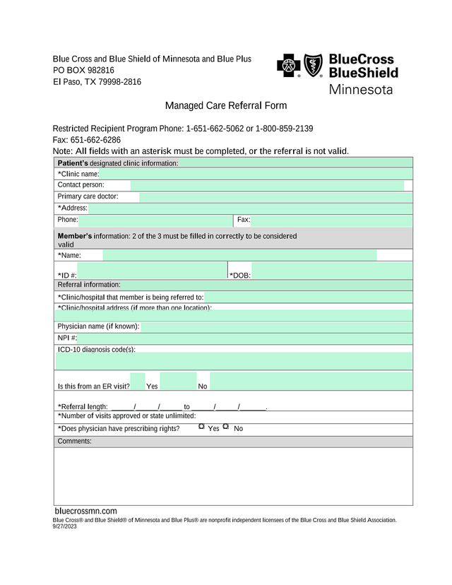 Managed Care Referral Form screenshot