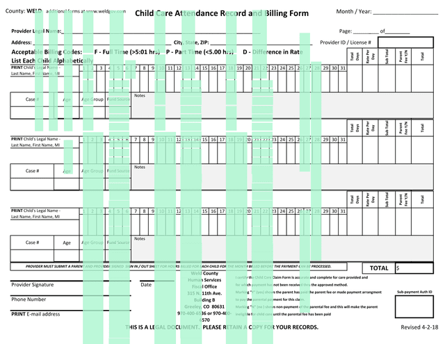 Child Care Attendance Record And Billing Form screenshot
