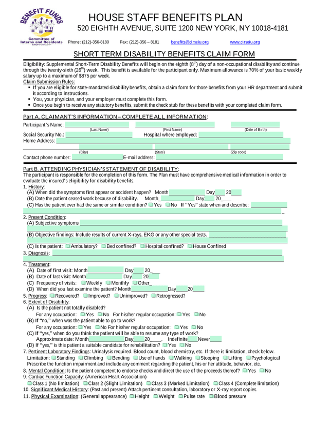Short Term Disability Benefits Claim Form screenshot