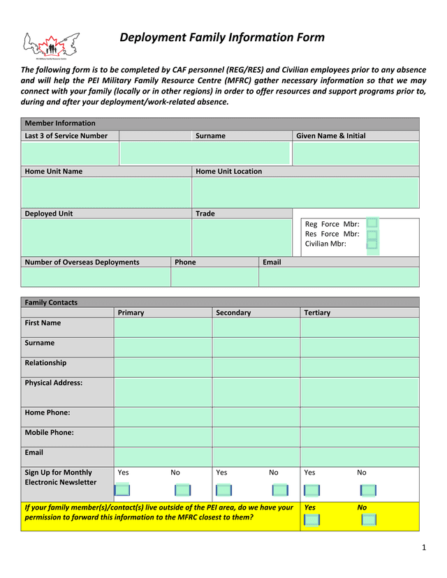 Deployment Family Information Form screenshot