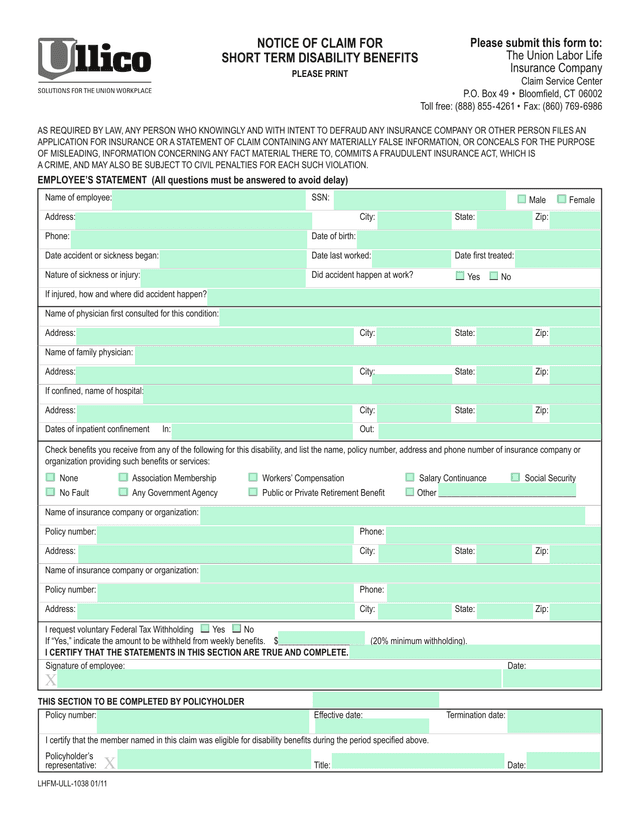 Notice Of Claim For Short Term Disability Benefits screenshot