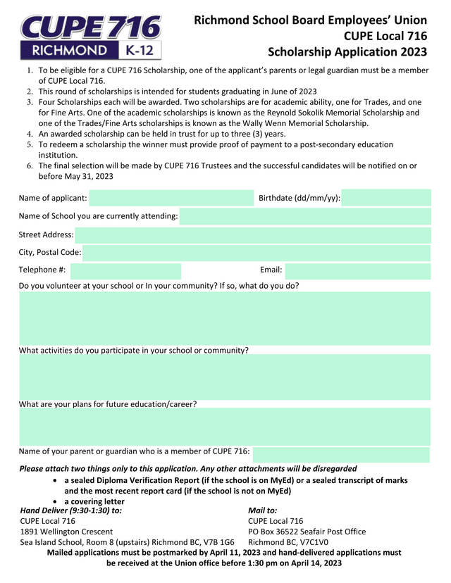 CUPE Local 716 Scholarship Application 2023 screenshot