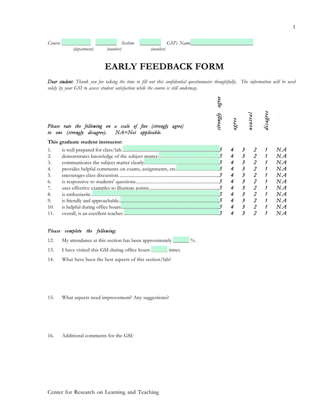 Early Feedback Form screenshot