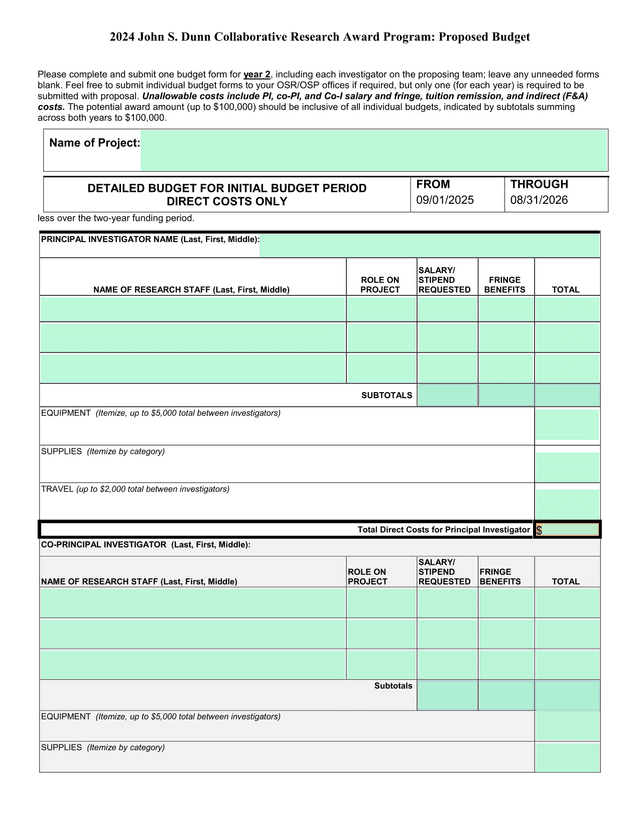 2024 John S. Dunn Collaborative Research Award Program Proposed Budget screenshot