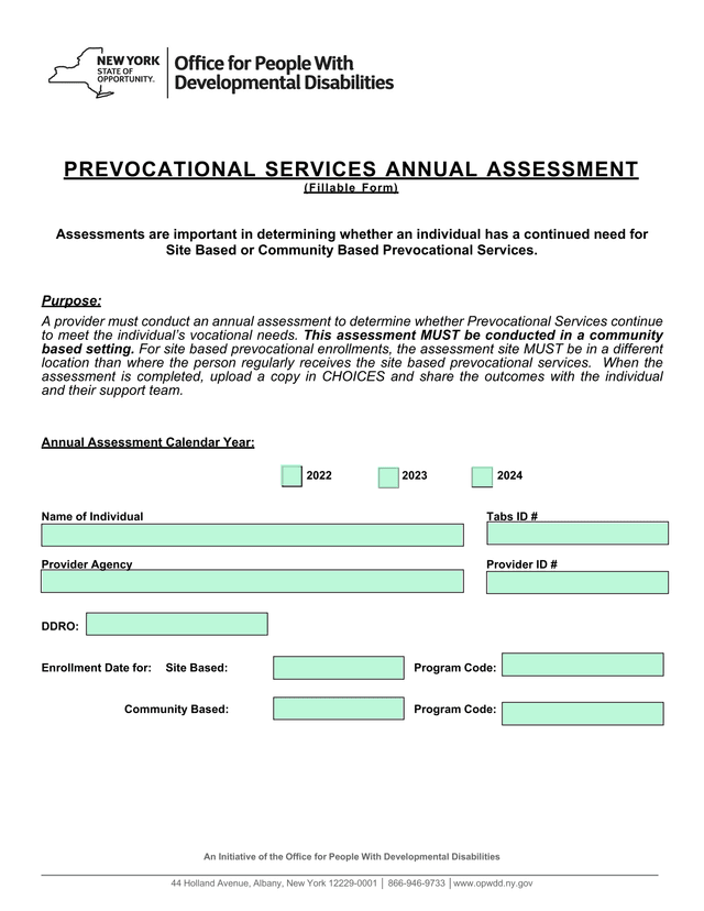Prevocational Services Annual Assessment Form screenshot