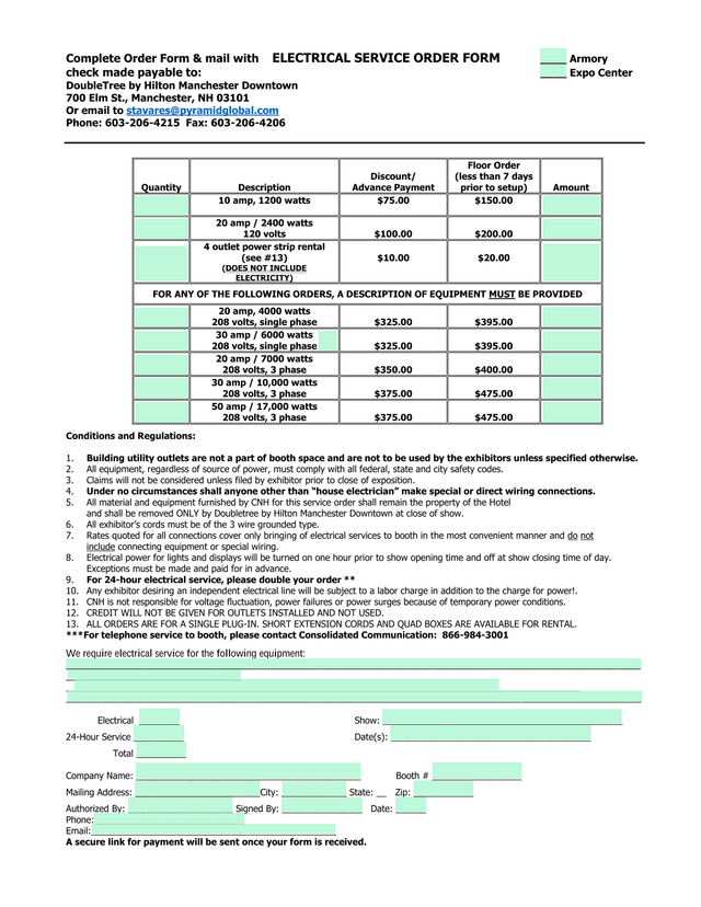 Electrical Service Order Form screenshot