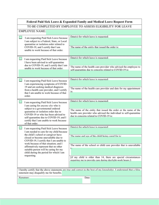 Federal Paid Sick Leave  Expanded Family And Medical Leave Request Form screenshot