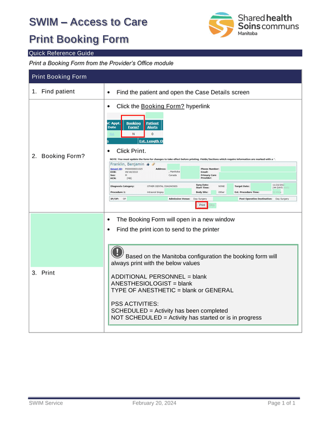 SWIM  Access To Care Print Booking Form Quick Reference Guide screenshot