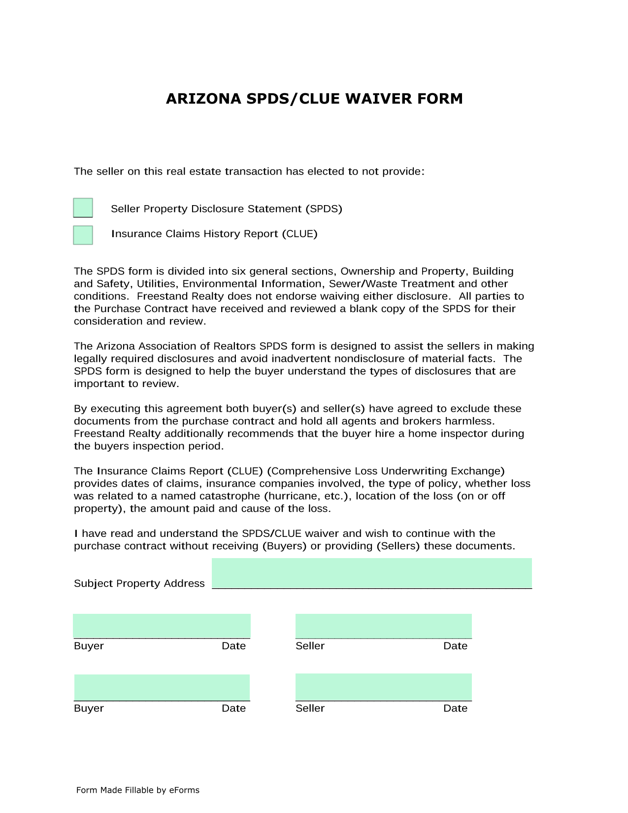 Arizona SPDSCLUE Waiver Form screenshot