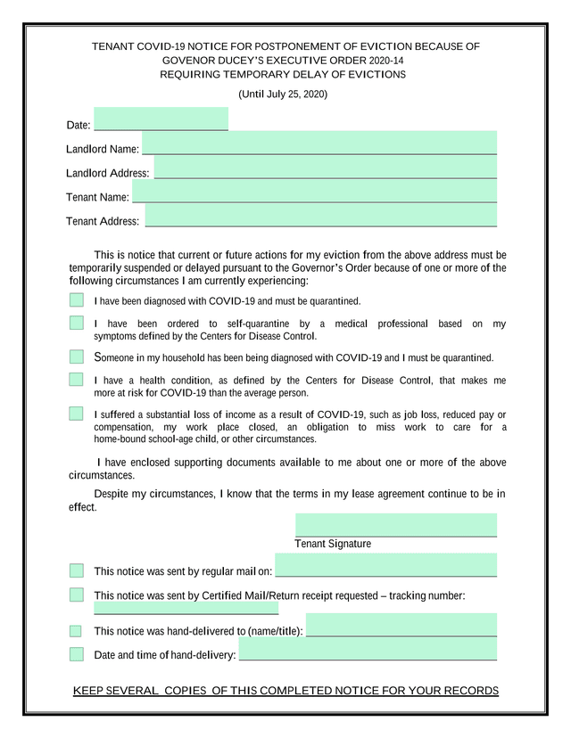 Tenant COVID 19 Notice For Postponement Of Eviction screenshot