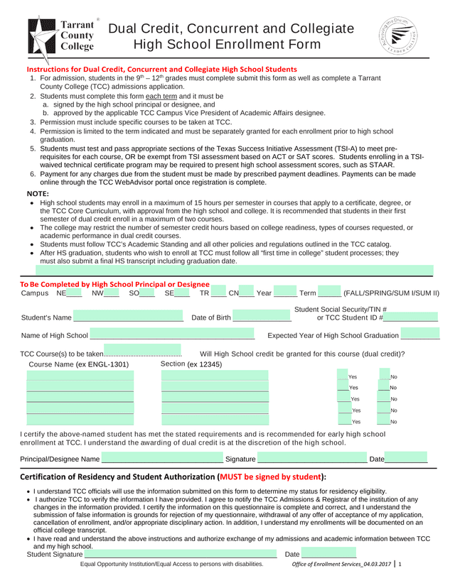 Dual Credit, Concurrent And Collegiate High School Enrollment Form screenshot