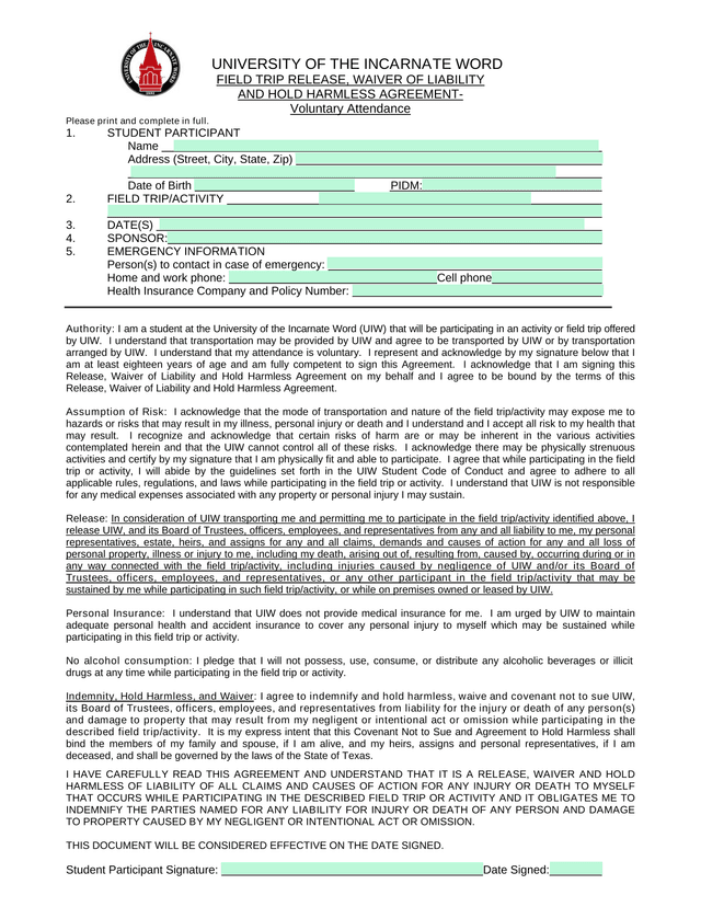 Field Trip Release, Waiver Of Liability And Hold Harmless Agreement   Voluntary Attendance screenshot