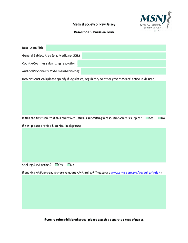 Medical Society Of New Jersey Resolution Submission Form screenshot