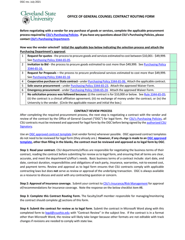 Contract Review Procurement Form screenshot
