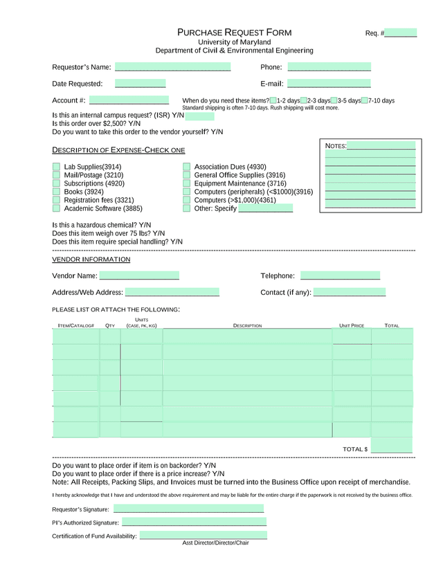 PURCHASE REQUEST FORM screenshot