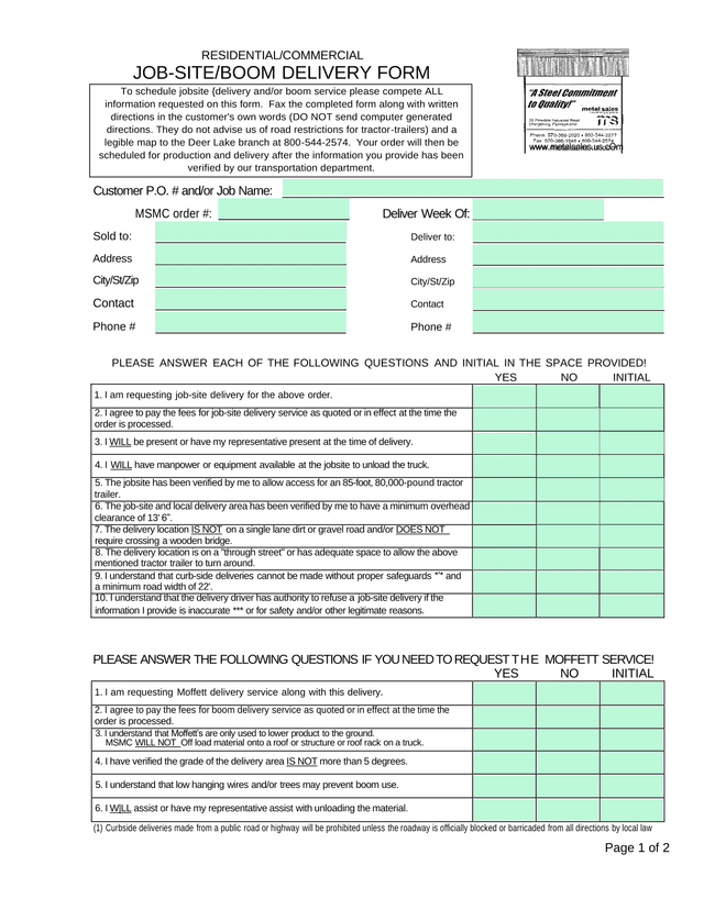 RESIDENTIALCOMMERCIAL JOB SITEBOOM DELIVERY FORM screenshot