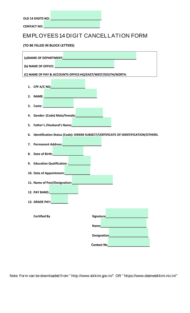 EMPLOYEES 14 DIGIT CANCELLATION FORM screenshot