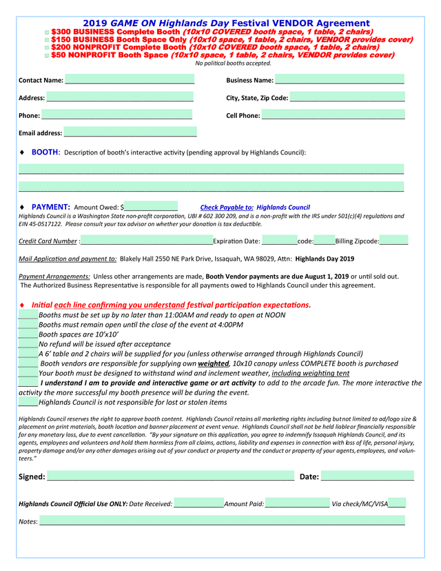 2019 GAME ON Highlands Day Festival VENDOR Agreement screenshot