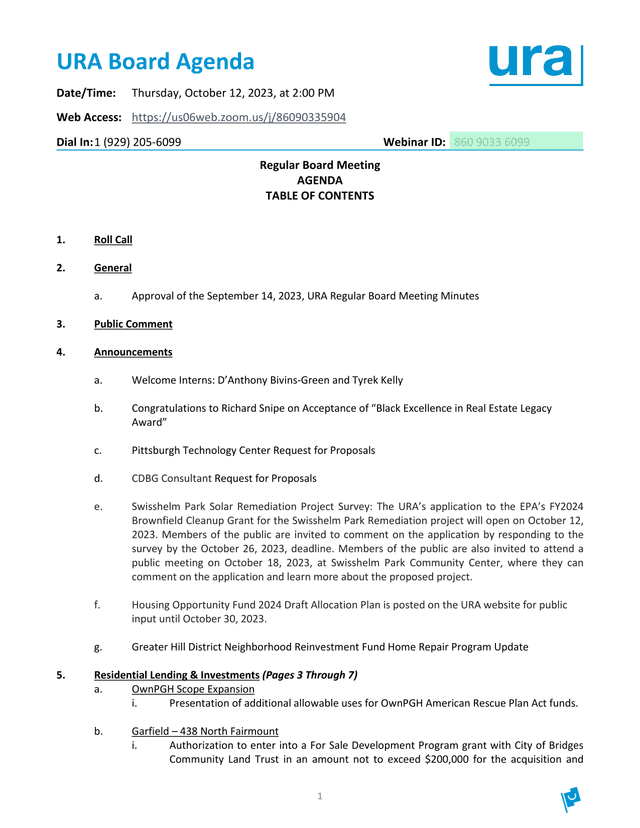 URA Board Agenda screenshot