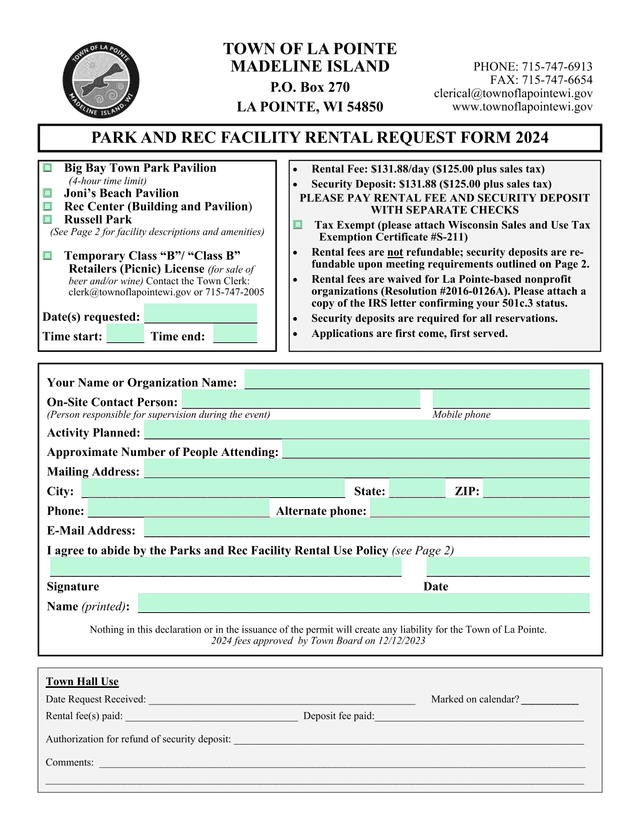Park And Rec Facility Rental Request Form 2024 screenshot