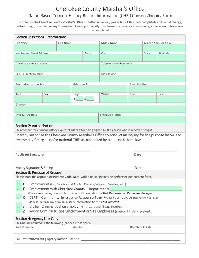 Name Based Criminal History Record Information (CHRI) ConsentInquiry Form screenshot