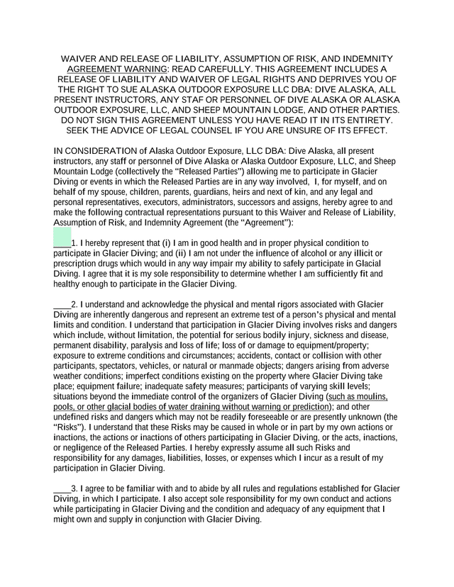 Waiver And Release Of Liability, Assumption Of Risk, And Indemnity Agreement screenshot