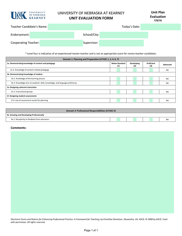 UNIVERSITY OF NEBRASKA AT KEARNEY UNIT EVALUATION FORM screenshot