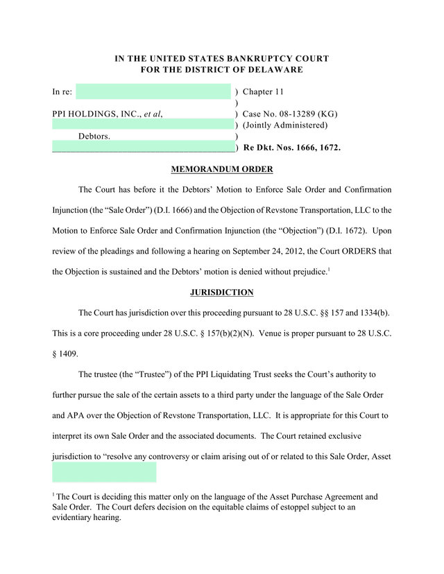MEMORANDUM ORDER   PPI Holdings, Inc. Bankruptcy Case screenshot
