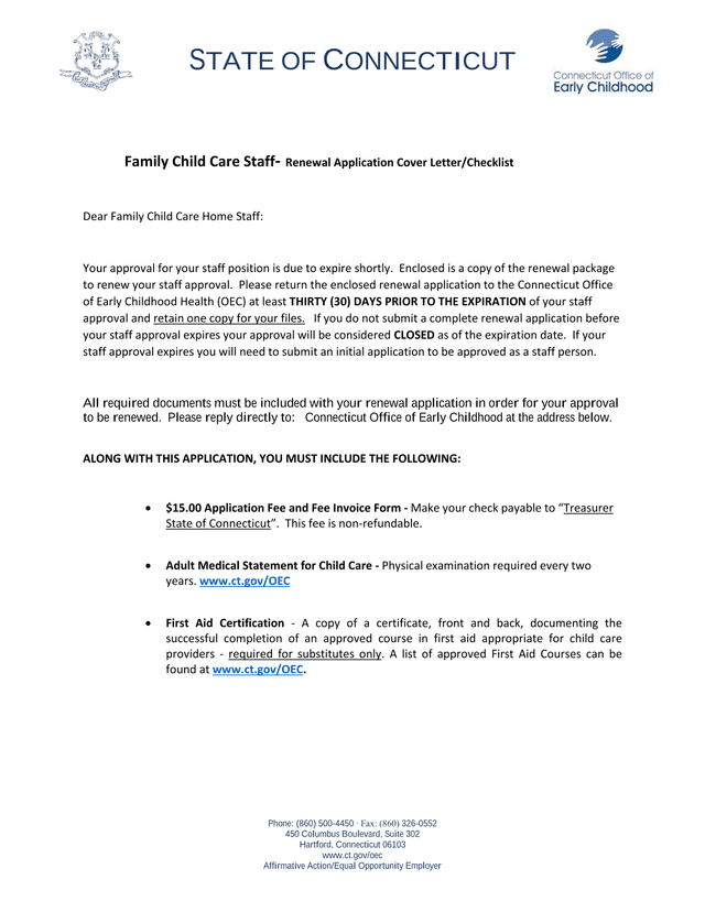 Family Child Care Staff  Renewal Application Cover LetterChecklist screenshot