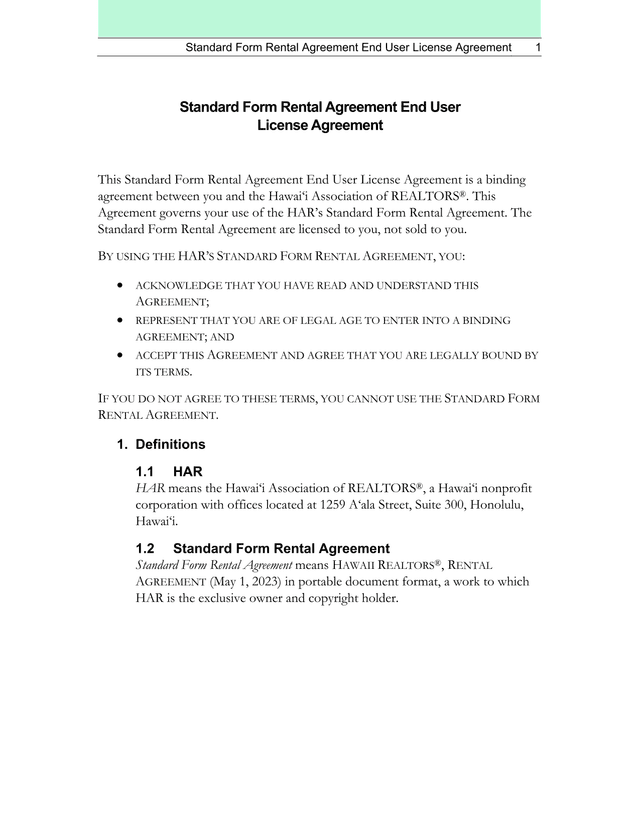 Standard Form Rental Agreement End User License Agreement screenshot