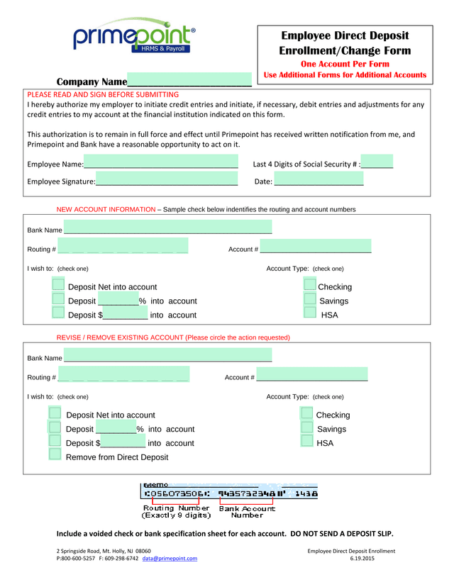 Employee Direct Deposit EnrollmentChange Form screenshot