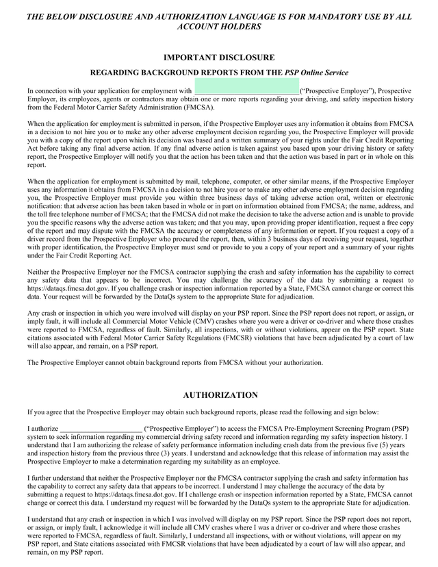 Disclosure And Authorization Regarding Background Reports From PSP Online Service screenshot