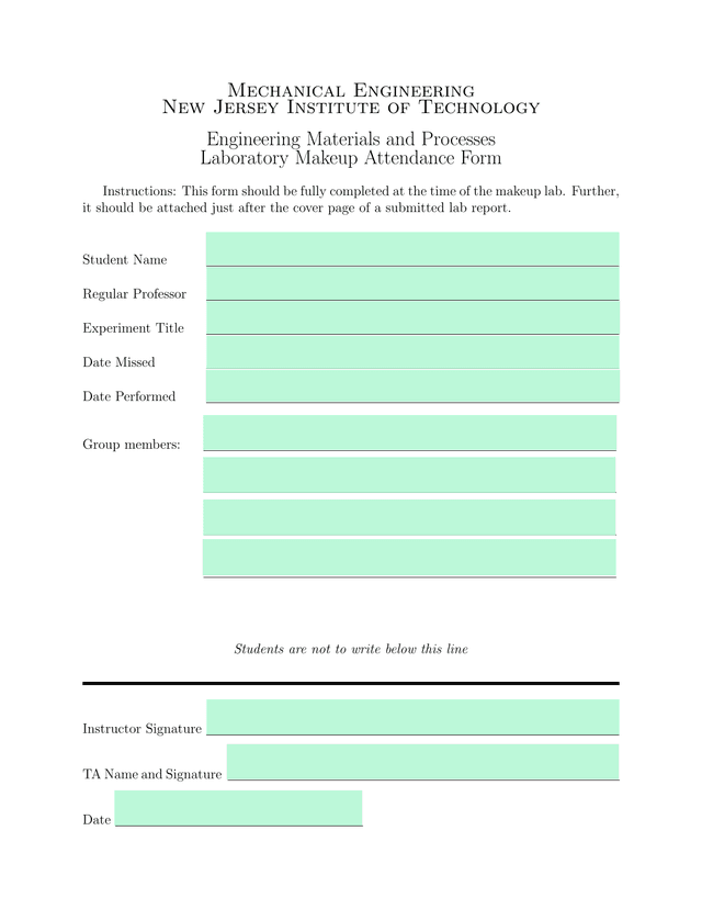 Laboratory Makeup Attendance Form screenshot