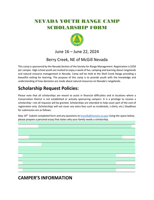 Nevada Youth Range Camp Scholarship Form screenshot
