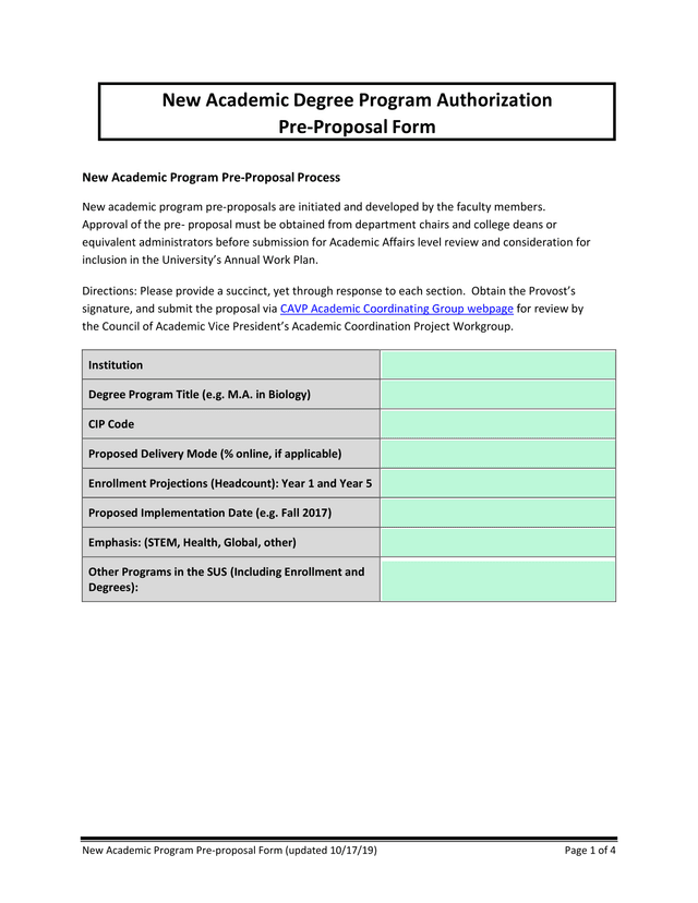 New Academic Program Pre Proposal Form screenshot