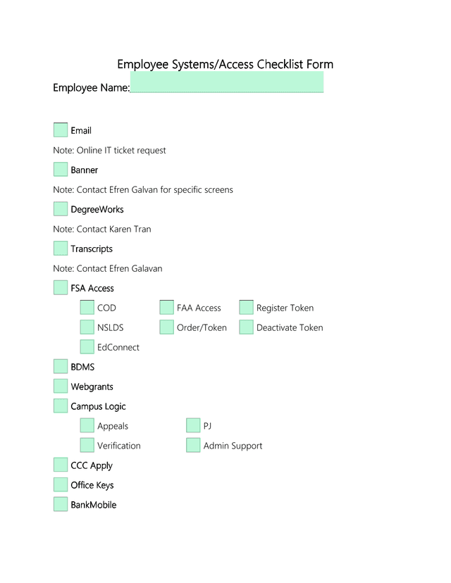 Employee SystemsAccess Checklist Form screenshot