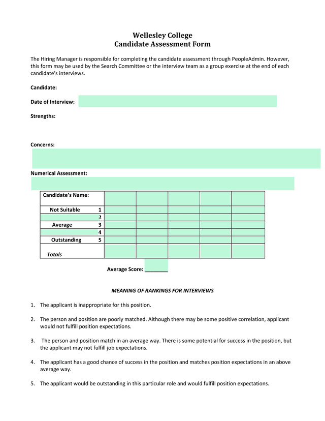 Wellesley College Candidate Assessment Form screenshot