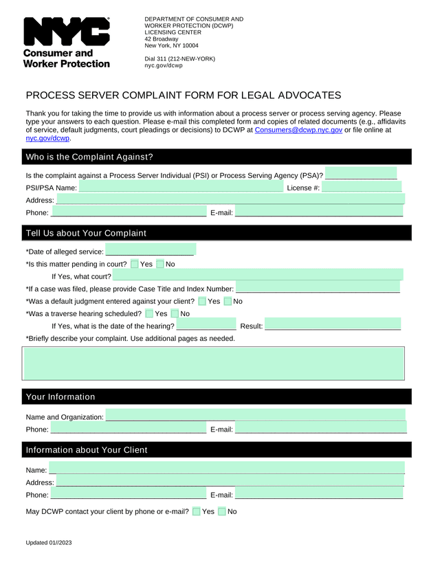 Process Server Complaint Form For Legal Advocates screenshot