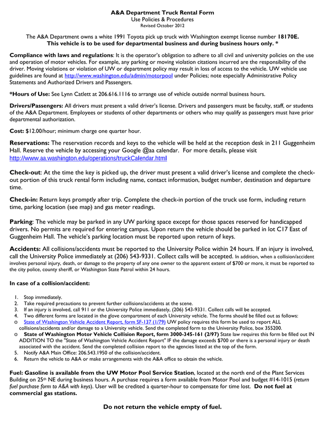 AA Department Truck Rental Form screenshot
