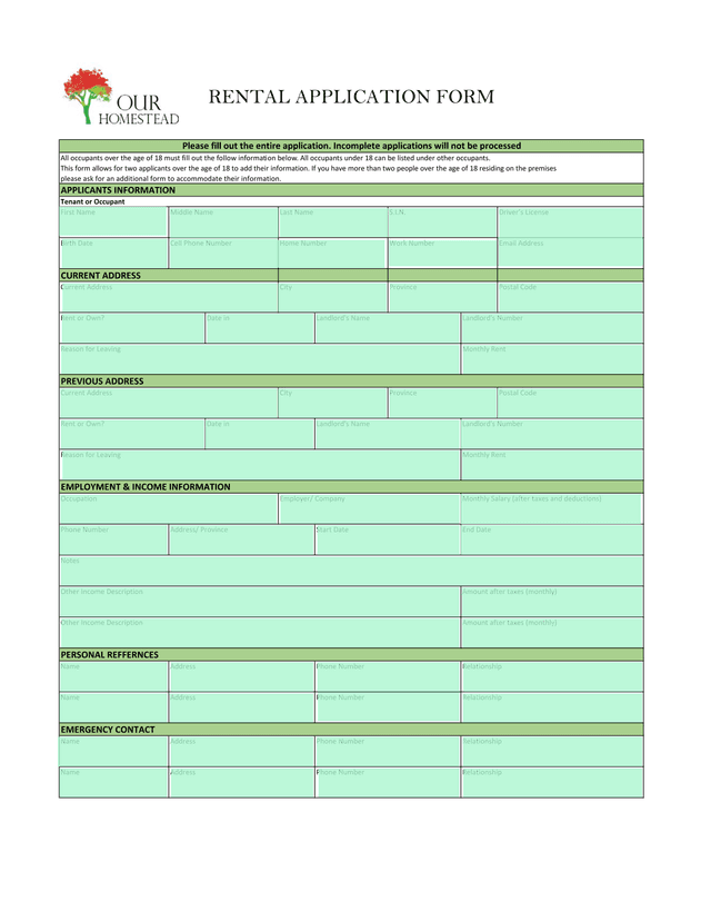 RENTAL APPLICATION FORM screenshot