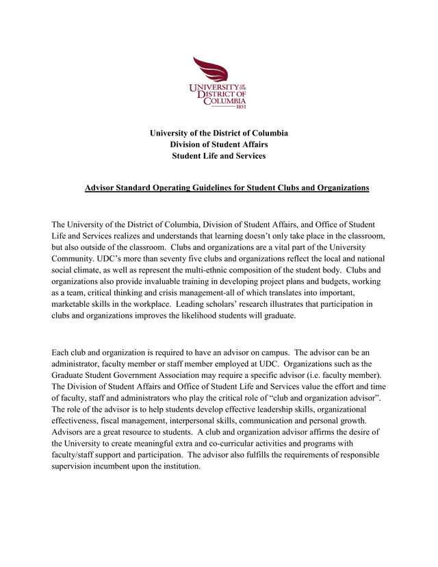 Advisor Standard Operating Guidelines For Student Clubs And Organizations screenshot