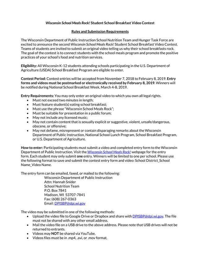 Wisconsin School Meals Rock Student School Breakfast Video Contest Rules And Submission Requirements screenshot