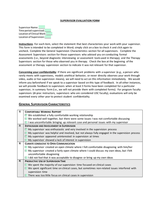 Supervisor Evaluation Form screenshot
