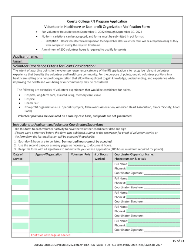 Cuesta College RN Program Application Volunteer In Healthcare Or Non Profit Organization Verificatio screenshot