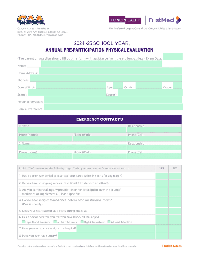 Annual Pre Participation Physical Evaluation screenshot