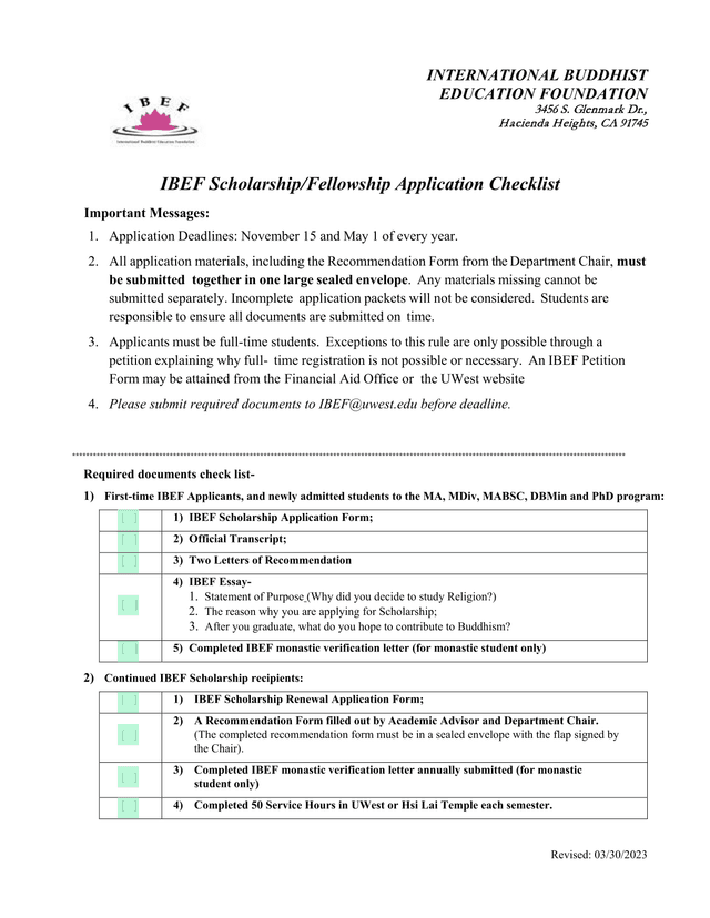 IBEF ScholarshipFellowship Application Checklist screenshot