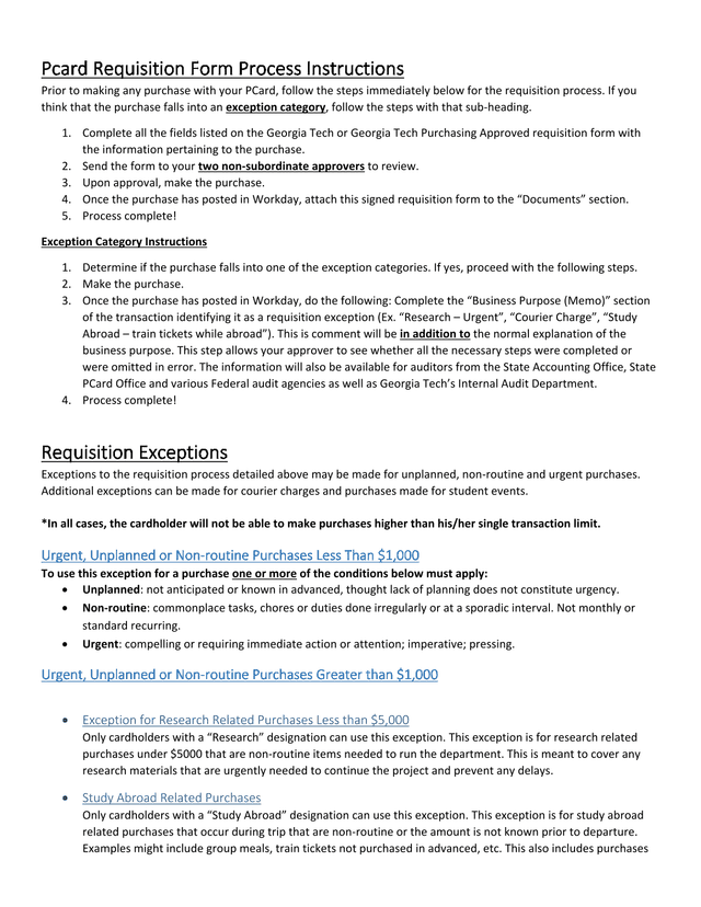 Pcard Requisition Form Process Instructions screenshot
