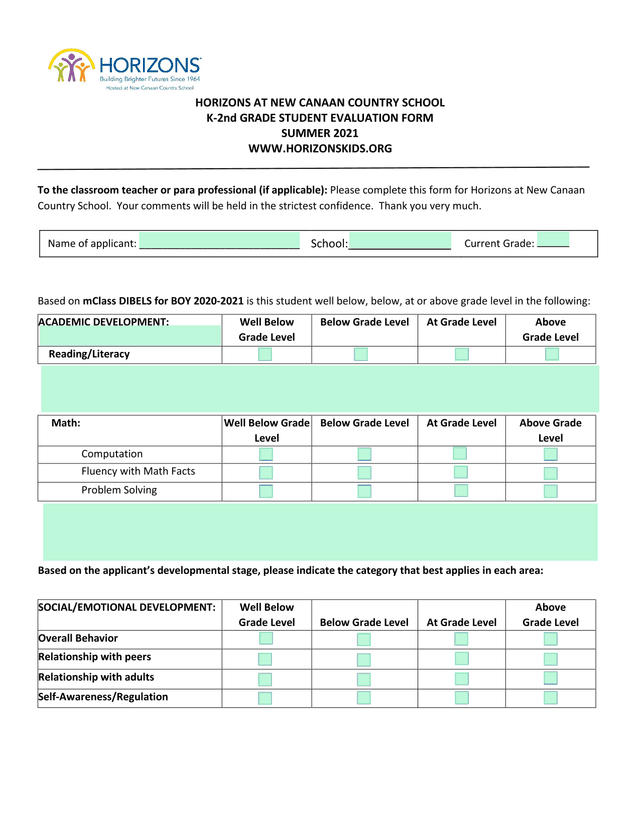 K 2nd Grade Student Evaluation Form screenshot